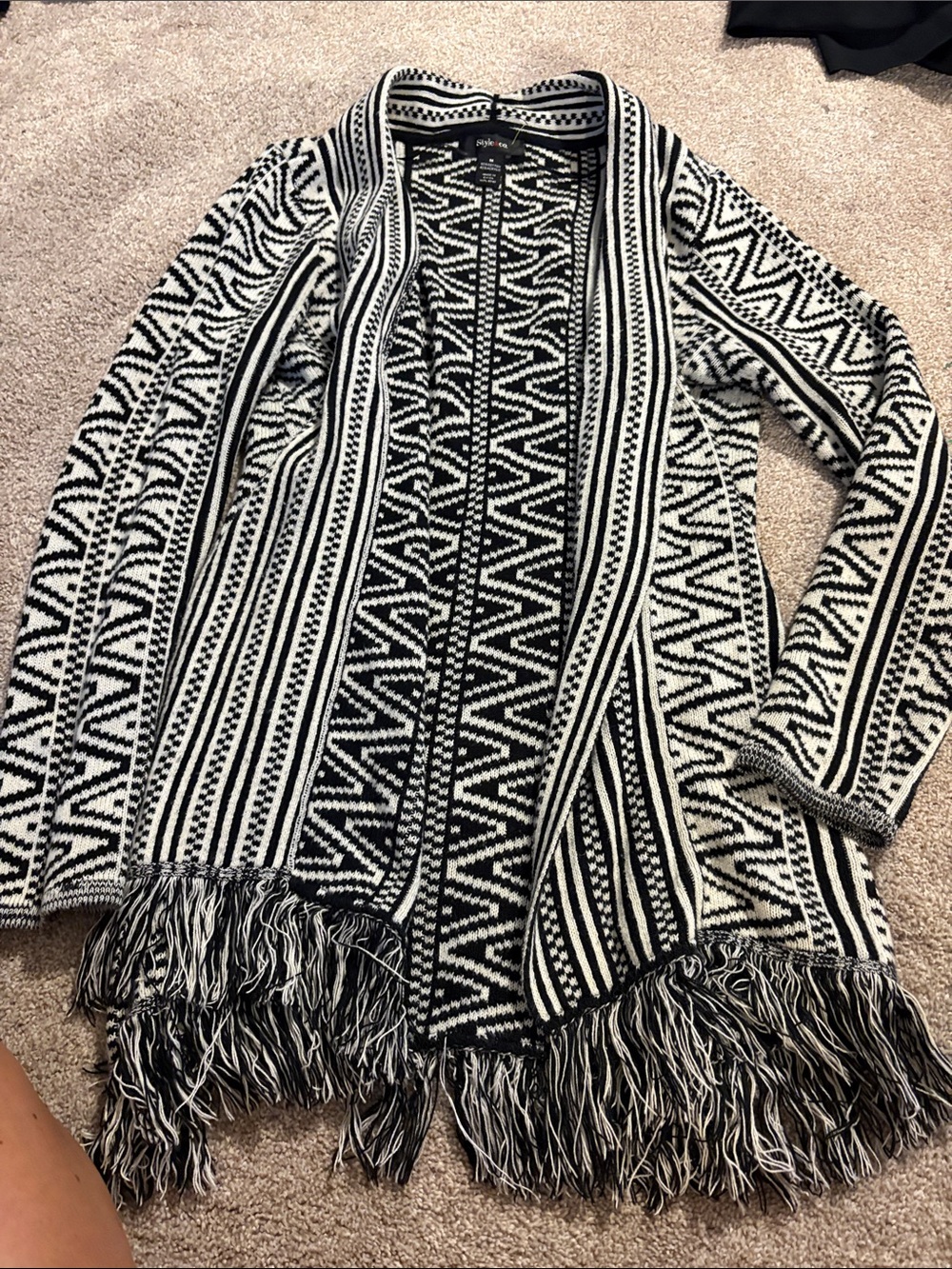 Style & Co. Black and White Geometric Fringe Open-Front Cardigan